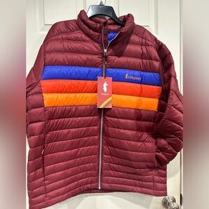 Cotopaxi Men's XL Fuego Down Jacket Burgandy Stripes NWT Nylon Shell Down 800